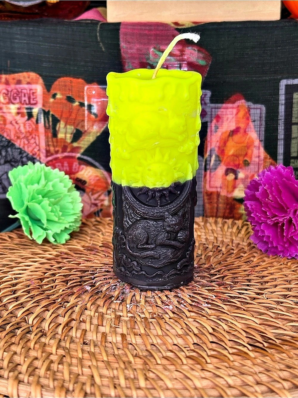 Celestial Cat Pillar Candle – Black & Neon Yellow